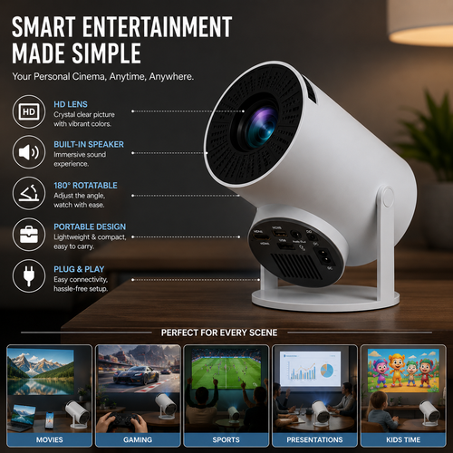 Portable Smart Projector 4K Support | 180° Rotatable | Built-in Speaker