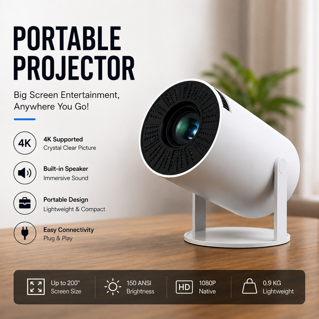 Portable Smart Projector 4K Support | 180° Rotatable | Built-in Speaker