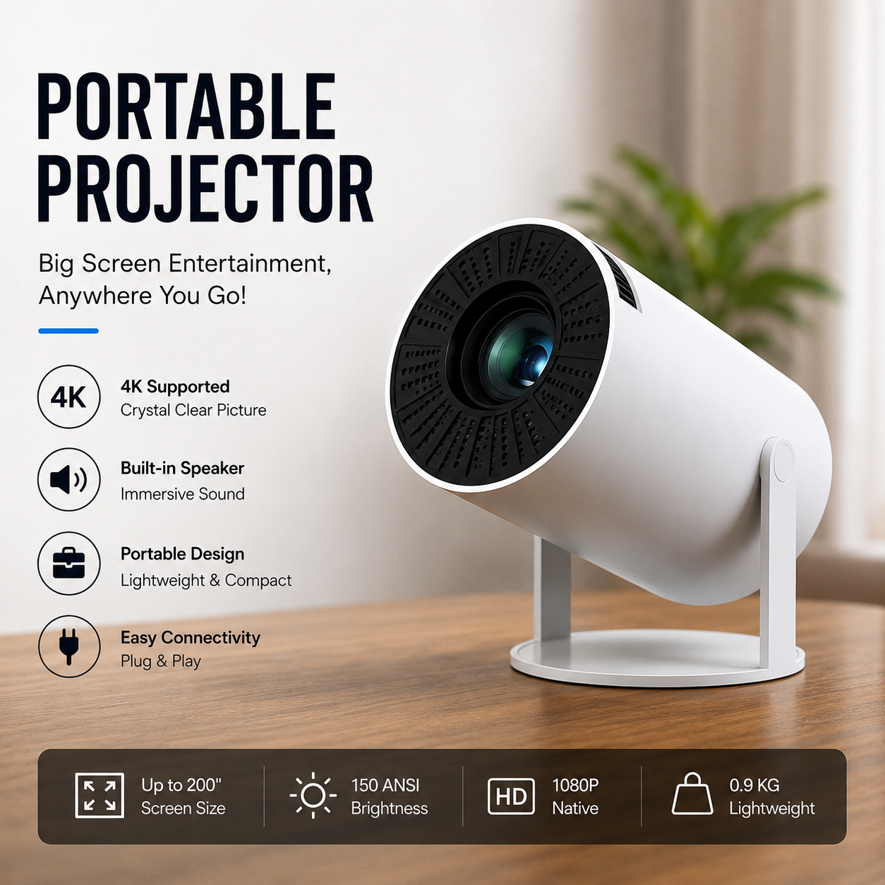 Portable Smart Projector 4K Support | 180° Rotatable | Built-in Speaker